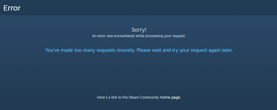 Error when attempting to open the Steam Market page. Source: steamcommunity.com